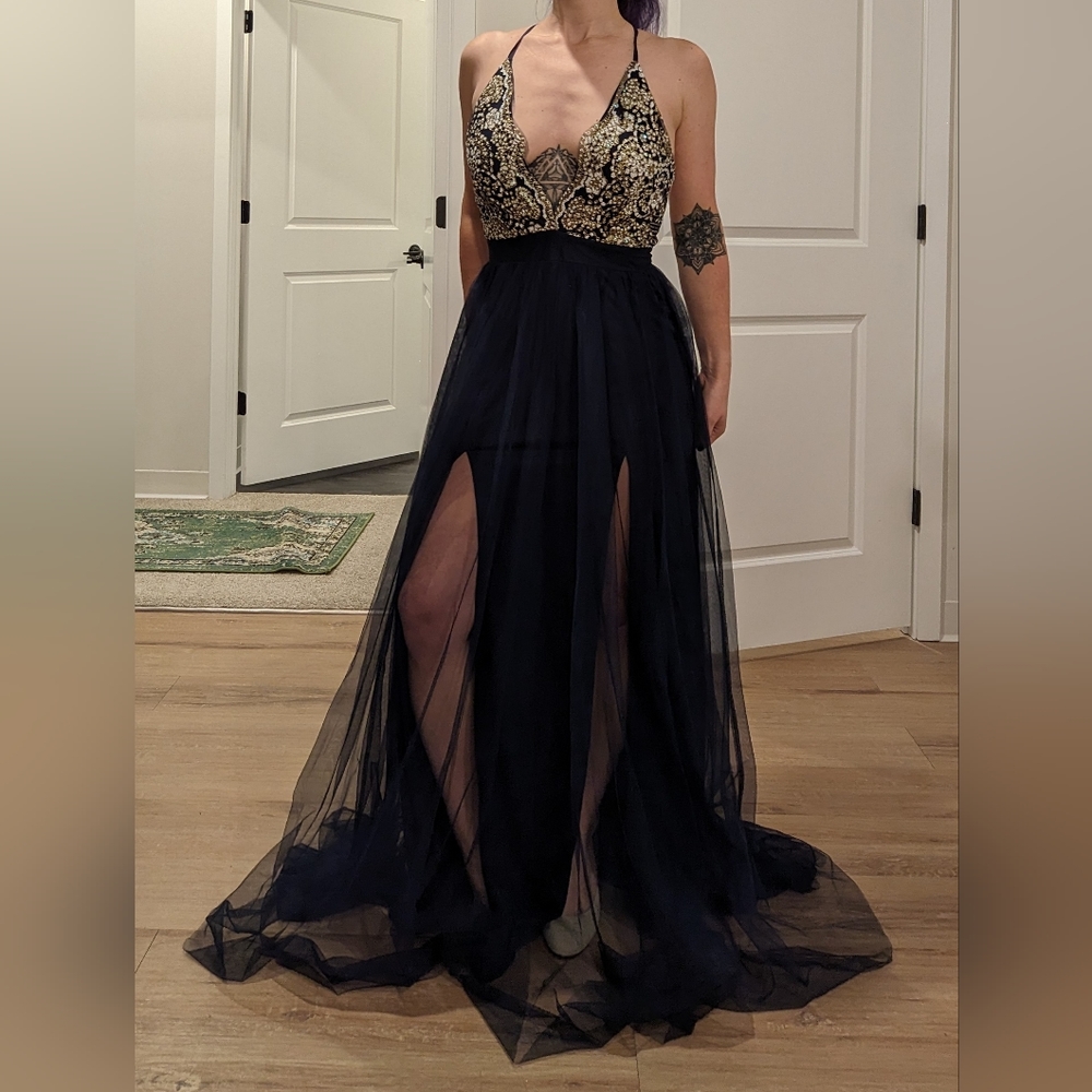 Navy glitter Luxxel evening gown